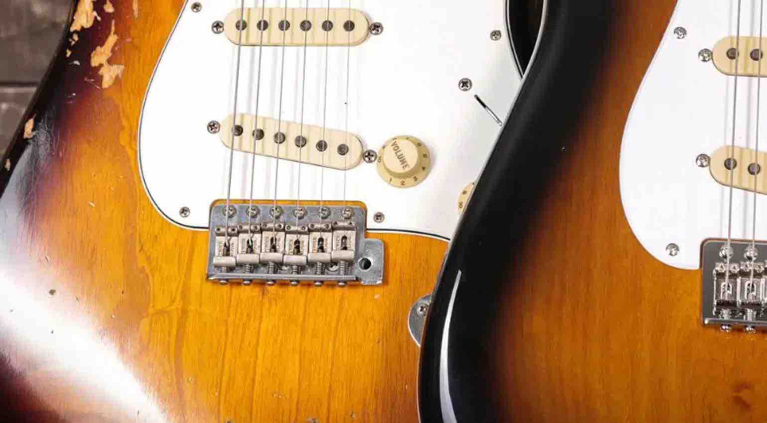 Close-up comparison of a pre-CBS nitrocellulose finish versus a later polyurethane finish