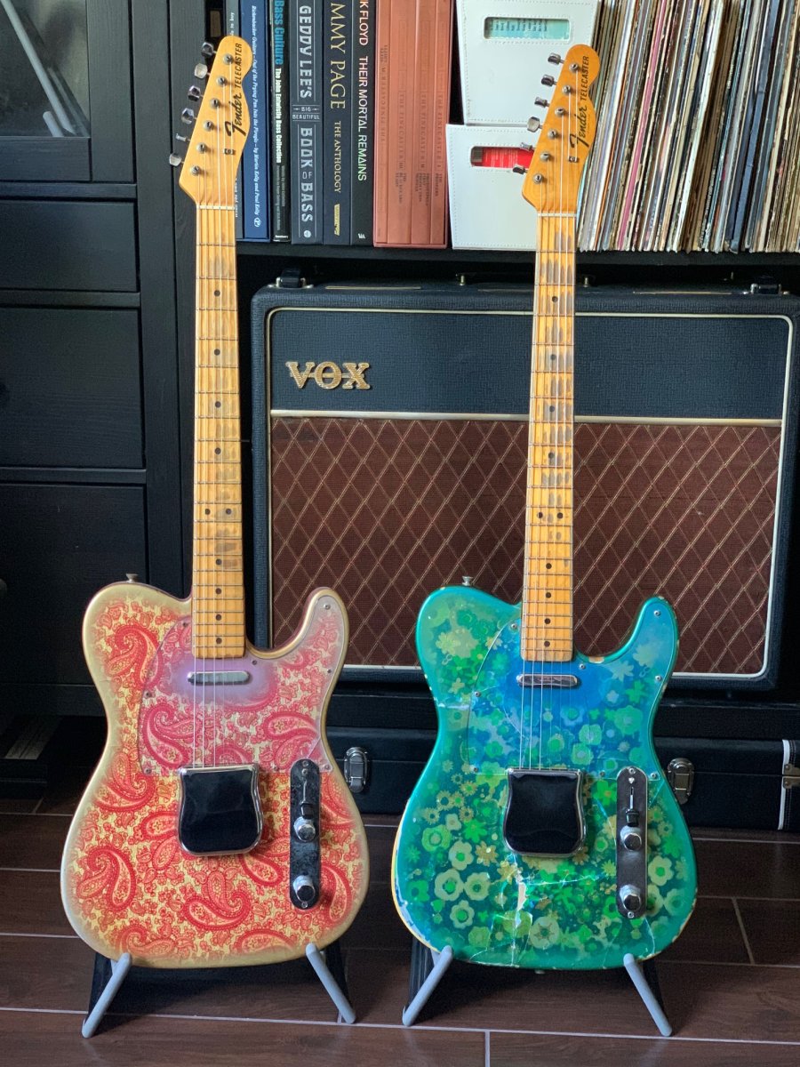 Pink Paisley and Blue Flower Telecasters, 1968